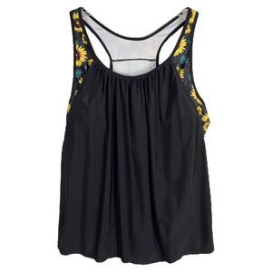 Plus Size 4XL Giselle Light Built In Bra Swing Tank Sunflower Print Black 397‎